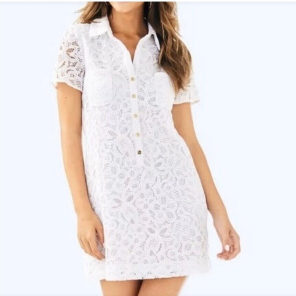 Lilly Pulitzer lace embroidered white dress short sleeves button pockets…